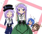  ahoge aokage blue_eyes blue_hair brown_hair closed_eyes cosplay dress fang hat hiiragi_kagami hiiragi_tsukasa izumi_konata kusakabe_misao laughing long_hair lucky_star mole mole_under_eye multiple_girls purple_hair rozen_maiden ryouou_school_uniform school_uniform serafuku short_hair souseiseki souseiseki_(cosplay) suiseiseki suiseiseki_(cosplay) 