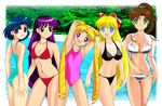  aino_minako armpits beach bikini bishoujo_senshi_sailor_moon black_bikini blonde_hair blue_eyes blue_hair blue_swimsuit bow breasts brown_hair cleavage double_bun drill_hair earrings green_eyes hair_bobbles hair_bow hair_ornament half_updo hino_rei jewelry kino_makoto large_breasts long_hair medium_breasts mizuno_ami multiple_girls navel one-piece_swimsuit open_mouth pink_swimsuit pirochi ponytail purple_eyes purple_hair red_bikini red_bow shiny shiny_skin short_hair skindentation small_breasts smile swimsuit tsukino_usagi twintails water 