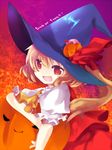  bad_id bad_pixiv_id bat_wings blonde_hair eiko_(tukino) fang flandre_scarlet food_themed_hair_ornament hair_ornament halloween hat hat_ribbon jack-o'-lantern one_side_up pumpkin pumpkin_hair_ornament red_eyes remilia_scarlet ribbon solo touhou trick_or_treat wings witch_hat 
