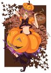  bad_id bad_pixiv_id basket boots bow brown_background brown_hair candy checkerboard_cookie cookie copyright_request curly_hair food food_as_clothes food_themed_clothes green_eyes halloween jack-o'-lantern osamu_(jagabata) pumpkin pumpkin_costume pumpkin_hat smile solo 