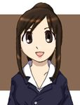  alternate_hairstyle azumanga_daiou brown_eyes brown_hair face formal kasuga_ayumu lipstick long_hair lowres makeup morichan office_lady older ponytail smile solo suit 