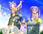  ahoge casual cloud day hand_pump hiiragi_kagami hiiragi_tsukasa izumi_konata lucky_star multiple_girls outdoors purple_hair sky sora_to_umi water well 