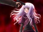 gore_screaming_show gun purple_hair red_eyes ribbon solo_focus weapon yuka_(gore_screaming_show) 