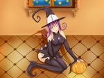  blair boots detached_sleeves hat lam one_eye_closed pumpkin purple_hair solo soul_eater thigh_boots thighhighs witch_hat yellow_eyes 