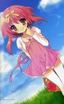  akihime_sumomo cloud day dress grass heart itou_noiji nanatsuiro_drops pink_skirt red_eyes red_hair ribbon skirt sky smile solo 