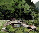  3girls building chasing day grass house multiple_boys multiple_girls nature original power_lines scenery school_uniform serafuku sky tractor tree yamaada 