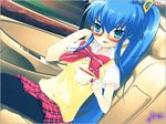  angry artist_request blue_eyes blue_hair blush car car_interior glasses ground_vehicle long_hair motor_vehicle nanatsuiro_drops pantyhose ponytail school_uniform solo tea very_long_hair yuuki_nona 