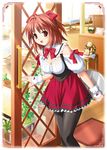  breasts cleavage large_breasts nekonyan pantyhose raspberry_(game) red_eyes red_hair smile solo waitress 