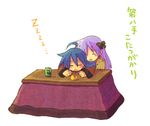  ahoge bad_id bad_pixiv_id blue_hair blush_stickers closed_eyes cup food fruit hair_ribbon hiiragi_kagami hug izumi_konata kotatsu kusaka_yoru long_hair lucky_star mandarin_orange moe mole mole_under_eye multiple_girls open_mouth pun purple_hair ribbon shijuuhatte simple_background sleeping table translated twintails white_background yunomi zzz 