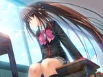  bow brown_hair desk game_cg little_busters! long_hair na-ga natsume_rin non-web_source pink_bow red_eyes school_uniform sitting solo 
