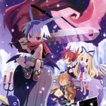  4girls blonde_hair blue_eyes blue_hair candle disgaea etna flonne harada_takehito laharl long_hair lowres magic_knight_(disgaea) mid-boss_(disgaea) multiple_boys multiple_girls ninja_(disgaea) official_art red_eyes red_hair scout_(disgaea) sword thief_(disgaea) weapon wings 