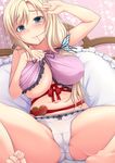  aqua_eyes barefoot belly blonde_hair boku_wa_tomodachi_ga_sukunai breasts butterfly_hair_ornament cameltoe frilled_pillow frills hair_ornament in_panties kashiwazaki_sena large_breasts long_hair looking_at_viewer meropan panties pillow plump red_ribbon ribbon solo underboob underwear valentine 