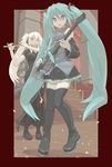  aqua_eyes aqua_hair bad_id bad_pixiv_id boots detached_sleeves dress electric_guitar flute guitar hatsune_miku headset highres instrument long_hair mabinogi multiple_girls nao_(mabinogi) necktie skirt teke_(exploration) thigh_boots thighhighs twintails very_long_hair vocaloid white_hair 