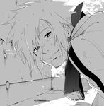  1boy forehead_protector looking_at_viewer male male_focus monochrome namikaze_minato naruto smile solo terragin water wet 