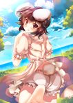  animal_ears ass bad_id bad_pixiv_id barefoot blue_sky blush brown_eyes brown_hair bunny_ears bunny_tail cloud day ha_ru highres inaba_tewi lake lens_flare looking_at_viewer looking_back open_mouth panties pink_eyes puffy_sleeves running short_hair short_sleeves sky solo tail touhou tree underwear upskirt water white_panties 