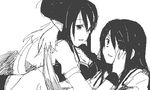  1boy 1girl breasts cleavage judith long_hair lowres midriff monochrome open_mouth ranaoxx tales_of_(series) tales_of_vesperia yuri_lowell 