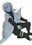  1boy cape grin male male_focus monochrome namikaze_minato naruto smile solo terragin 