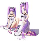  ankle_wrap anklet bracelet euryale fate/hollow_ataraxia fate_(series) feet hairband hand_on_hip jewelry kneeling licking_lips lolita_hairband long_hair looking_at_viewer looking_back multiple_girls open_mouth purple_eyes purple_hair sandals shadow siblings simple_background sisters sitting sitting_on_floor smile stheno thighhighs toes tongue tongue_out tsukikanade twins twintails very_long_hair white_background 