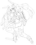  ass bodysuit breasts copyright_request glowing greyscale high_heels large_breasts lineart long_hair looking_at_viewer mecha_musume monochrome nanairo_souga smile solo sword thighhighs twintails weapon 