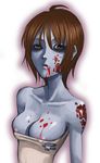  ahoge areola_slip areolae bags_under_eyes bare_shoulders blood breasts brown_eyes brown_hair collarbone dress grey_skin injury large_breasts lowres monster_girl okayado original short_hair solo strapless strapless_dress taut_clothes taut_dress upper_body zombie 