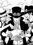  3boys abs argue brothers cravat freckles goggles goggles_on_head hat jacket jewelry male male_focus map monkey_d_luffy monochrome multiple_boys necklace one_piece open_clothes open_jacket pixiv_manga_sample portgas_d_ace sabo_(one_piece) sad_face scar siblings smiley_face stampede_string straw_hat time_paradox top_hat topless vessel vesssssel vest 