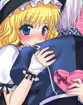  1girl alha blonde_hair blue_eyes blush box chocolate couple grey_hair hat heart heart-shaped_box hetero hug kirisame_marisa morichika_rinnosuke sweatdrop touhou valentine white_hair witch witch_hat 