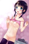 1girl black_hair blue_eyes blush breasts female highres looking_at_viewer nipples open_mouth original pussy sakurazari_hotori shirt_lift solo thighhighs twintails uncensored 