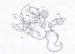  bell bells black_and_white clothing cutie_mark derpy_hooves_(mlp) equine eyes_closed female feral friendship_is_magic horse joey-darkmeat laugh lying mammal monochrome my_little_pony pegasus plain_background pony smile socks solo sweater white_background wings 