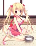  apron blonde_hair bowl breasts cleavage hair_ornament hair_ribbon heart heart_hair_ornament izumiyuhina medium_breasts naked_apron original polka_dot red_eyes ribbon sitting slippers solo twintails wariza whisk 