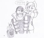  alcohol beverage body_armor bomb bottle clothing confused demoman_(team_fortress_2) derpy_hooves_(mlp) dialog duo english_text equine eye_patch eyewear female feral friendship_is_magic horse human joey-darkmeat male mammal monochrome my_little_pony pegasus pony rum skullcap team_fortress_2 text wings 