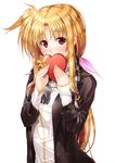  blonde_hair blush chocolate chocolate_heart covering_mouth fate_testarossa hair_ribbon heart long_hair lyrical_nanoha mahou_shoujo_lyrical_nanoha mikuni_mizuki red_eyes ribbon shirt solo valentine white_shirt 