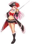  1girl captain_liliana hat long_hair miniskirt pink_eyes pink_hair pirate pirate_hat queen&#039;s_blade queen&#039;s_blade_rebellion queen's_blade queen's_blade_rebellion short_skirt skirt smile solo standing sword weapon 