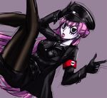  1girl alternate_costume cosplay female_soldier gloves hat jacket lipstick long_hair makeup military nazi one_piece perona pink_hair pupupu simple_background solo thighhighs 