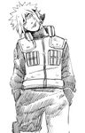  1boy :p flak_jacket forehead_protector hands_in_pockets headband looking_at_viewer male male_focus monochrome namikaze_minato naruto solo terragin tongue tongue_out 