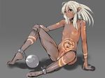  abs arm_support ball_and_chain_restraint breasts collar cuffs dark_elf dark_skin earrings elf highres jewelry mkcrf nipples nude original pointy_ears pubic_hair purple_eyes shackles sketch slave small_breasts solo white_hair 