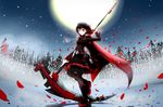  boots brown_hair cape crescent_rose_(weapon) flowers montyoum moon night petals rose ruby rwby scythe skirt weapon winter 