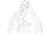 absurdres greyscale hatsune_miku highres lineart long_hair looking_at_viewer monochrome nibai open_mouth panties pantyshot skirt smile solo thighhighs twintails twisted_torso underwear vocaloid 