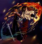  asakura_hao asakura_yoh asakura_you cloak fire gauntlets headphones katana long_hair sandals shaman_king siblings sword twins weapon 
