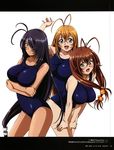  3girls absurdres blonde_hair blush breasts brown_hair female glasses highres ikkitousen kan&#039;u_unchou kan'u_unchou large_breasts long_hair multiple_girls official_art one-piece_swimsuit one_piece_swimsuit open_mouth purple_hair ryuubi_gentoku shiny shiny_clothes skin_tight smile sonsaku_hakufu standing swimsuit swimwear taut_clothes 