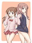  achiga_school_uniform atarashi_ako atarashi_ako_(cosplay) back-to-back blush bottomless brown_hair cardigan cosplay costume_switch highres jacket long_hair meke_(ugeyameke) multiple_girls naked_track_jacket no_panties pink_cardigan ponytail ribbon saki saki_achiga-hen smile takakamo_shizuno takakamo_shizuno_(cosplay) track_jacket 