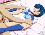  1boy 1girl bed bishoujo_senshi_sailor_moon blue_eyes blue_hair blush circle_anco clitoris clothed_female_nude_male clothed_sex curtains earrings highres indoors jewelry leg_grab looking_down lying missionary mizuno_ami moaning no_panties nude on_back open_mouth penis pleated_skirt pubic_hair pussy sailor_mercury sex short_hair skirt spread_legs tiara uncensored vaginal veins veiny_penis 
