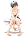  areolae bare_shoulders barefoot black_hair breast_squeeze breasts brown_eyes cleavage ebido feet glasses highres large_breasts legs lingerie long_legs mole mole_on_breast negligee original solo spoon spoon_in_mouth strap_slip underwear 