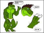  abs biceps comic dinosaur english_text flexing male maxime-jeanne muscles pecs reptile scalie sequence text theropod topless transformation tyrannosaurus_rex underwear 