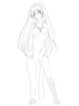  99ban breasts covered_navel cross-laced_footwear fire_emblem fire_emblem:_monshou_no_nazo highres linda_(fire_emblem) lineart long_hair medium_breasts monochrome smile solo very_long_hair 