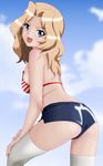  ass bangs bikini_top blonde_hair blue_eyes blue_shorts cloud cloudy_sky day from_behind girls_und_panzer green_eyes hand_on_thigh highres kay_(girls_und_panzer) long_hair looking_at_viewer looking_back open_mouth parted_bangs short_shorts shorts sky smile solo suzu_danna thighhighs white_legwear 