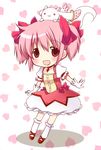  :3 animal animal_on_head blush chibi gloves kaname_madoka kyubey mahou_shoujo_madoka_magica no_nose on_head open_mouth oumi_neneha pink_eyes pink_hair red_eyes skirt smile twintails 