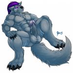  4_toes abs anthro balls barefoot biceps big_balls big_muscles big_penis black_claws black_nose black_pawpads black_paws blue_fur blue_hair canine chest_tuft claws erection fur glowing glowing_eyes grey_fur hair hand_on_knee hindpaw humanoid_penis looking_at_viewer lying male mammal maneater muscles nude on_back pawpads paws pecs penis plain_background pose presenting purple_eyes purple_hair retracted_foreskin scar smile solo spread_legs spreading stox thick_penis toe_claws toes tuft uncut vein white_background wolf 
