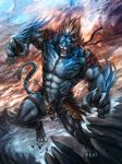  anthro armor belt biceps blue_fur body_markings cheetahpaws claws clothed clothing fangs fantasy feline final_fantasy fur grey_fur hair half-dressed lion loincloth male mammal markings muscles pecs pose ronso solo standing stripes teeth toe_claws toned topless underwear video_games white_fur 