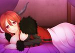  bed bed_sheet blush breasts fur_trim gabao. highres horns large_breasts looking_at_viewer maou_(maoyuu) maoyuu_maou_yuusha pillow pov red_eyes red_hair smile solo 