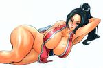  armpits black_hair breasts brown_eyes curvy fatal_fury groin hand_behind_head huge_breasts long_hair long_ponytail lying no_panties on_side ponytail shiranui_mai simple_background solo the_king_of_fighters thighs white_background wide_hips wrato 
